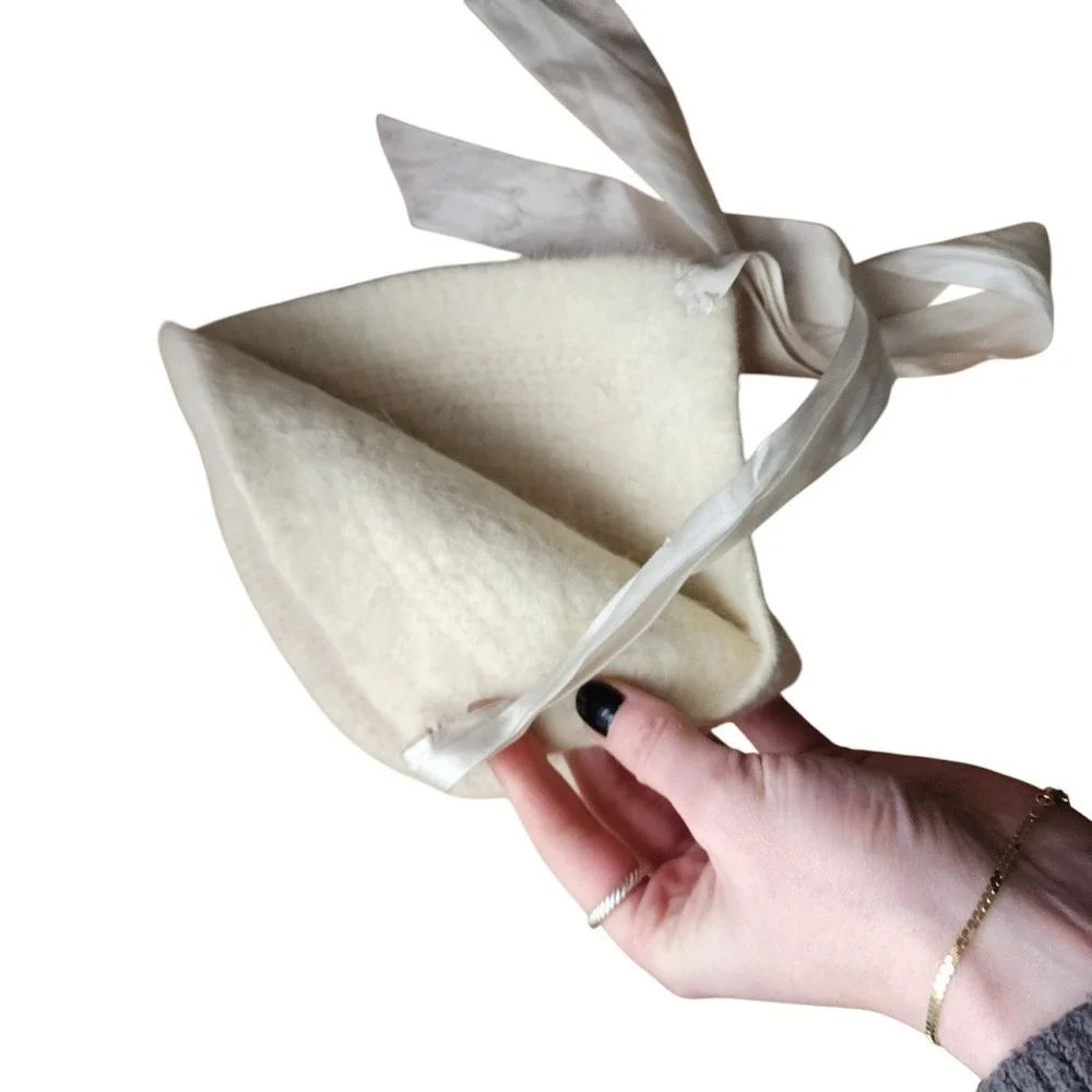 VINTAGE 60s Cream Angora Blend Baby Bonnet with Satin Ribbon Ties Toddler‎